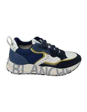 VOILE BLANCHE CLUB 01 SNEAKER LACCI IN CAMOSCIO E TESSUTO TECNICO COLORE BIANCO-BLU CON RIPORTI IN VITELLO CEDRO, FONDO GOMMA LA