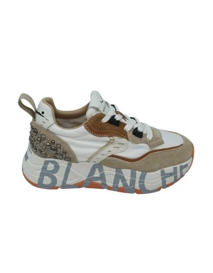 VOILE BLANCHE CLUB 105 SNEAKER LACCI IN CAMOSCIO E TESSUTO TECNICO COLORE BIANCO-BEIGE-CUOIO CON BORCHIETTE ACCIAIO SUL TOPPONC