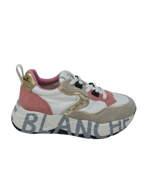 VOILE BLANCHE CLUB 105 SNEAKER LACCI IN CAMOSCIO E TESSUTO TECNICO COLORE BIANCO-BEIGE-LAMPONE CON RIPORTI IN LAMINATO PLATINO,