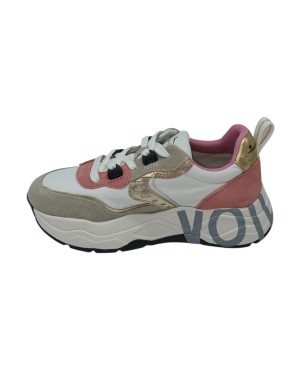 VOILE BLANCHE CLUB 105 SNEAKER LACCI IN CAMOSCIO E TESSUTO TECNICO COLORE BIANCO-BEIGE-LAMPONE CON RIPORTI IN LAMINATO PLATINO,
