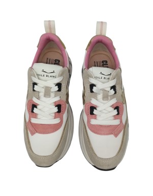 VOILE BLANCHE CLUB 105 SNEAKER LACCI IN CAMOSCIO E TESSUTO TECNICO COLORE BIANCO-BEIGE-LAMPONE CON RIPORTI IN LAMINATO PLATINO,