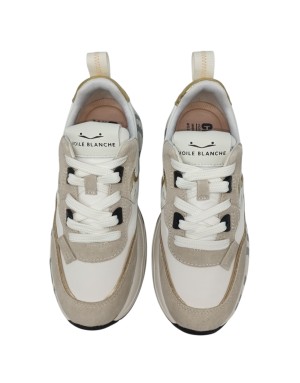 VOILE BLANCHE CLUB 105 SNEAKER LACCI IN CAMOSCIO E TESSUTO TECNICO COLORE BIANCO-BEIGE CON RIPORTI IN LAMINATO PLATINO, FONDO G