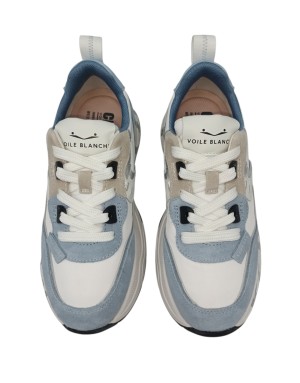 VOILE BLANCHE CLUB 105 SNEAKER LACCI IN CAMOSCIO E TESSUTO TECNICO COLORE BIANCO-AZZURRO CON RIPORTI IN LAMINATO ARGENTO, FONDO