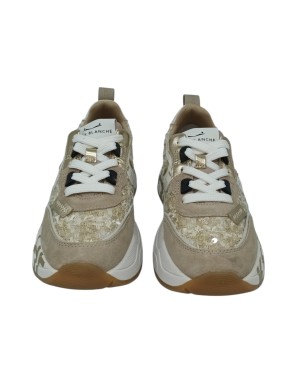 VOILE BLANCHE CLUB 105 SNEAKER LACCI IN CAMOSCIO E TESSUTO BOUCLE' CON PAILLETTES  COLORE BEIGE , RIPORTI IN LAMINATO PLATINO, 