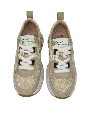 VOILE BLANCHE CLUB 105 SNEAKER LACCI IN CAMOSCIO E TESSUTO BOUCLE' CON PAILLETTES  COLORE BEIGE , RIPORTI IN LAMINATO PLATINO, 