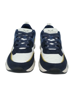 VOILE BLANCHE CLUB 01 SNEAKER LACCI IN CAMOSCIO E TESSUTO TECNICO COLORE BIANCO-BLU CON RIPORTI IN VITELLO CEDRO, FONDO GOMMA LA