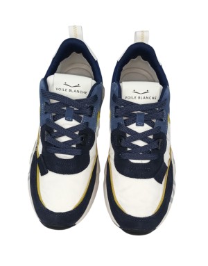 VOILE BLANCHE CLUB 01 SNEAKER LACCI IN CAMOSCIO E TESSUTO TECNICO COLORE BIANCO-BLU CON RIPORTI IN VITELLO CEDRO, FONDO GOMMA LA