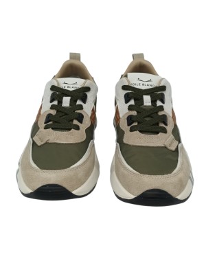 VOILE BLANCHE CLUB 01 SNEAKER LACCI IN CAMOSCIO E TESSUTO TECNICO COLORE BEIGE-VERDE MILITARE-CUOIO CON RIPORTI BIANCHI, FONDO 