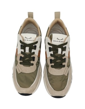 VOILE BLANCHE CLUB 01 SNEAKER LACCI IN CAMOSCIO E TESSUTO TECNICO COLORE BEIGE-VERDE MILITARE-CUOIO CON RIPORTI BIANCHI, FONDO 