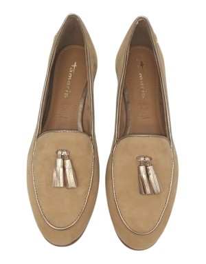 TAMARIS MOCASSINO CON NAPPINE, TOMAIA IN CAMOSCIO COLORE CAMEL CON NAPPINE IN VITELLO LAMINATO COLORE BRONZO, FONDO GOMMINA, TAC