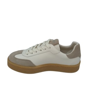 TAMARIS SNEAKER LACCI IN VITELLO BIANCO CON RIPORTI IN CAMOSCIO TAUPE, FONDO GOMMA MIELE 3CM