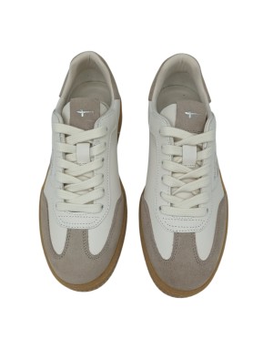 TAMARIS SNEAKER LACCI IN VITELLO BIANCO CON RIPORTI IN CAMOSCIO TAUPE, FONDO GOMMA MIELE 3CM