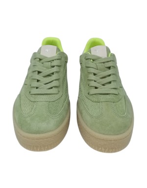 TAMARIS SNEAKER LACCI IN NABUK SPIGATO E CAMOSCIO COLORE VERDE ACQUA CON RIPORTI FLUO E TOPPONCINO IN VITELLO BIANCO, FONDO GOM