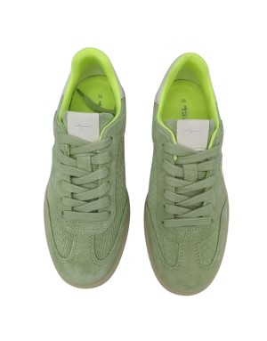 TAMARIS SNEAKER LACCI IN NABUK SPIGATO E CAMOSCIO COLORE VERDE ACQUA CON RIPORTI FLUO E TOPPONCINO IN VITELLO BIANCO, FONDO GOM