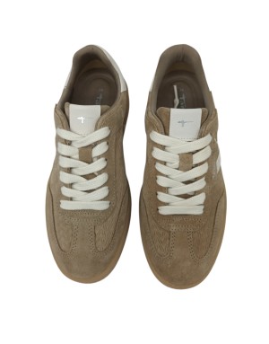 TAMARIS SNEAKER LACCI IN NABUK SPIGATO E CAMOSCIO COLORE TAUPE CON RIPORTI AVORIO E TOPPONCINO IN VITELLO BIANCO, FONDO GOMMA M
