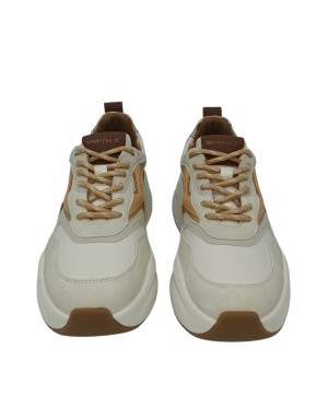 SMITH X SNEAKER LACCI IN VITELLO COLORE BIANCO CON RIPORTI CUOIO/ORO, TOPPONCINO IN CAMOSCIO BRUCIATO, FONDO GOMMA ONDULATO EXT