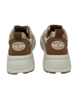 SMITH X SNEAKER LACCI IN VITELLO COLORE BIANCO CON RIPORTI CUOIO/ORO, TOPPONCINO IN CAMOSCIO BRUCIATO, FONDO GOMMA ONDULATO EXT