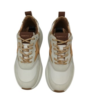 SMITH X SNEAKER LACCI IN VITELLO COLORE BIANCO CON RIPORTI CUOIO/ORO, TOPPONCINO IN CAMOSCIO BRUCIATO, FONDO GOMMA ONDULATO EXT