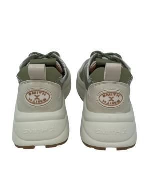 SMITH X SNEAKER LACCI IN CAMOSCIO COLORE AVORIO CON RIPORTI IN VITELLO VERDE E NAPLAK BEIGE, TESSUTO TECNICO TRASPIRANTE, FONDO