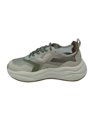 SMITH X SNEAKER LACCI IN CAMOSCIO COLORE AVORIO CON RIPORTI IN VITELLO VERDE E NAPLAK BEIGE, TESSUTO TECNICO TRASPIRANTE, FONDO