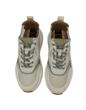 SMITH X SNEAKER LACCI IN CAMOSCIO COLORE AVORIO CON RIPORTI IN VITELLO VERDE E NAPLAK BEIGE, TESSUTO TECNICO TRASPIRANTE, FONDO