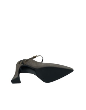 ALBANO DECOLLETE' CON CINTURINO ALLA CAVIGLIA, TOMAIA IN CAMOSCIO COLORE TAUPE CON TOPPONCINO IN STAMPATO PITONE ROCCIA, TACCO 