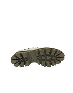 CATERINA C STRINGATA INGEGNERE IN VITELLO COLORE AVORIO CON VASCHETTA IN CAVALLINO CUOIO, RIPORTI IN LAMINATO BRONZO, GUARDOLO 