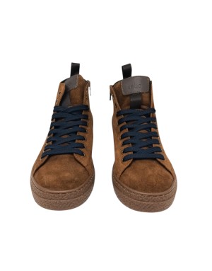 KEBO POLACCO LACCI E LAMPO LATERALE, TOMAIA IN CAMOSCIO INGRASSATO COLORE BRUCIATO CON LACCIO BLU, FONDO GOMMA