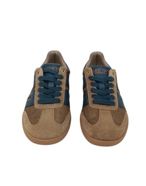 BACK 70 CLOUD SNEAKER LACCI IN CAMOSCIO, CAVALLINO E VITELLO COLORE TAUPE-BLU, FONDO GOMMA 3CM