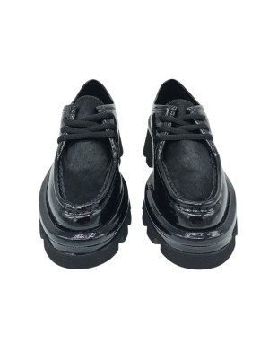 BRUNO PREMI STRINGATA INGEGNERE IN NAPLAK COLORE NERO CON VASCHETTA IN CAVALLINO IN TINTA, FONDO GOMMA CARRO, TACCO 5CM