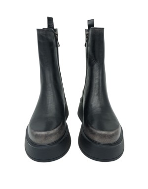 BRUNO PREMI STIVALETTO LISCIO IN VITELLO ANTICATO COLORE NERO, LAMPO ED ELASTICO LATERALE, FONDO ZEPPA GOMMA 6CM