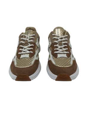 VOILE BLANCHE CLUB 122, SNEAKER LACCI IN CAMOSCIO-VITELLO E TESSUTO TECNICO A NIDO D'APE COLORE CUOIO-PLATINO CON RIPORTI IN TI