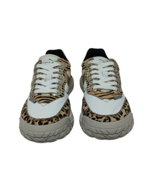 VOILE BLANCHE CLUB ACT W SNEAKER LACCI IN TESSUTO TECNICO BEIGE CON RIPORTI IN CAVALLINO MACULATO E LAMINATO PLATINO, FONDO GOM