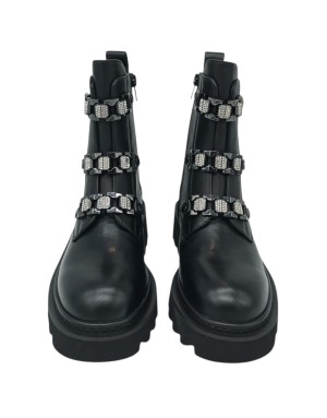 TOSCA BLU ANFIBIO LISCIO IN VITELLO COLORE NERO, LAMPO LATERALE, ACCESSORI STRASSE E ACCIAIO SULLA LINGUETTA, FONDO GOMMA CARRO