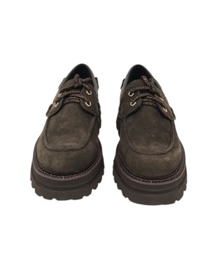 TOSCA BLU STRINGATA/BARCA IN CAMOSCIO INGRASSATO COLORE T.MORO, LACCIO MORO/BRONZO, FONDO MICRO CARRO 5CM, GUARDOLO CUOIO