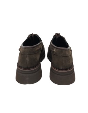 TOSCA BLU STRINGATA/BARCA IN CAMOSCIO INGRASSATO COLORE T.MORO, LACCIO MORO/BRONZO, FONDO MICRO CARRO 5CM, GUARDOLO CUOIO