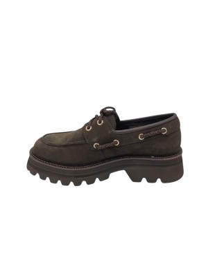 TOSCA BLU STRINGATA/BARCA IN CAMOSCIO INGRASSATO COLORE T.MORO, LACCIO MORO/BRONZO, FONDO MICRO CARRO 5CM, GUARDOLO CUOIO