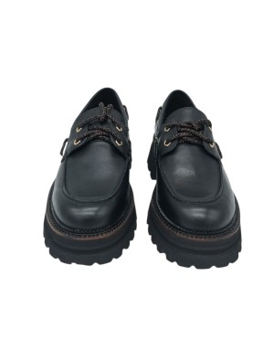 TOSCA BLU STRINGATA/BARCA IN VITELLO COLORE NERO, LACCIO NERO/BRONZO, FONDO MICRO CARRO 5CM, GUARDOLO CUOIO