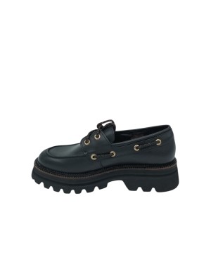 TOSCA BLU STRINGATA/BARCA IN VITELLO COLORE NERO, LACCIO NERO/BRONZO, FONDO MICRO CARRO 5CM, GUARDOLO CUOIO