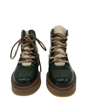 CATERINA C POLACCO/PEDULA IN NAPLAK COLORE VERDE BOSCO CON LINGUETTA CON PELLICCIOTTO BEIGE, TOPPONCINO IN VITELLO BIANCO, GUAR