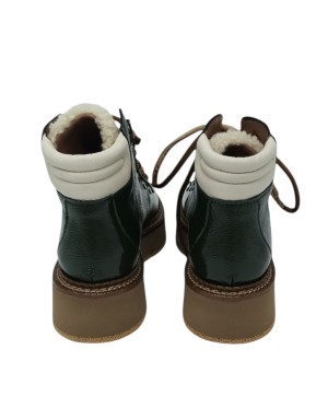 CATERINA C POLACCO/PEDULA IN NAPLAK COLORE VERDE BOSCO CON LINGUETTA CON PELLICCIOTTO BEIGE, TOPPONCINO IN VITELLO BIANCO, GUAR