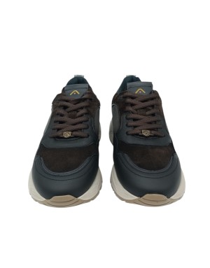AMBITIOUS SNEAKER LACCI IN CAMOSCIO, VITELLO E TESSUTO TECNICO COLOE NERO-BROWN MULTI, FONDO GOMMA EXTRA LIGHT