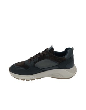 AMBITIOUS SNEAKER LACCI IN CAMOSCIO, VITELLO E TESSUTO TECNICO COLOE NERO-BROWN MULTI, FONDO GOMMA EXTRA LIGHT