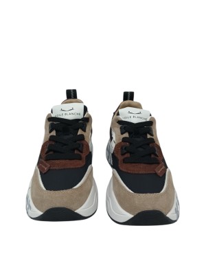 VOILE BLANCHE CLUB 105 SNEAKER LACCI IN CAMOSCIO E TESSUTO TECNICO COLORE CAMEL/NERO/BORDEAUX CON PROFILI BORDO' E BIANCHI, FON