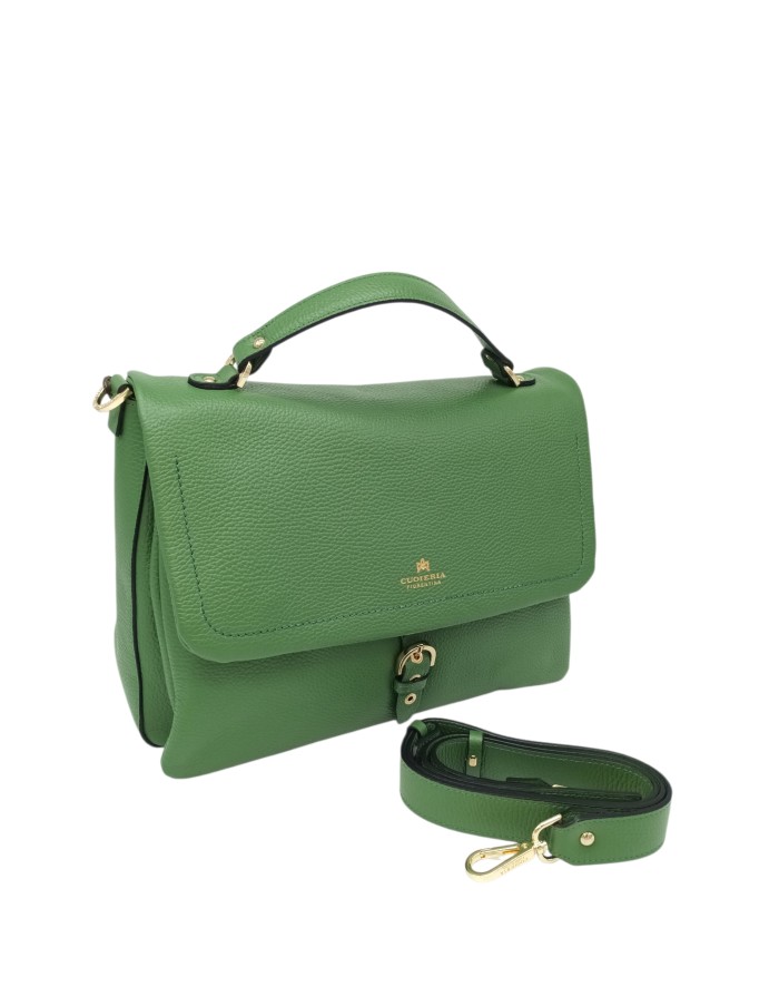 CUOIERIA FIORENTINA BORSA CARTELLA GRANDE IN VITELLO BOTTALATO COLORE VERDE ALOE, CHIUSURA CON PATTA, DUE SCOMPARTI, MANICO E T