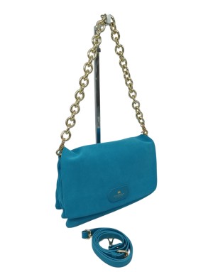 CUOIERIA FIORENTINA BORSA GRANDE IN CAMOSCIO COLORE TURCHESE, CHIUSURA CON PATTA, TRE SCOMPARTI, TRACOLLA A SPALLA CON CATENA S