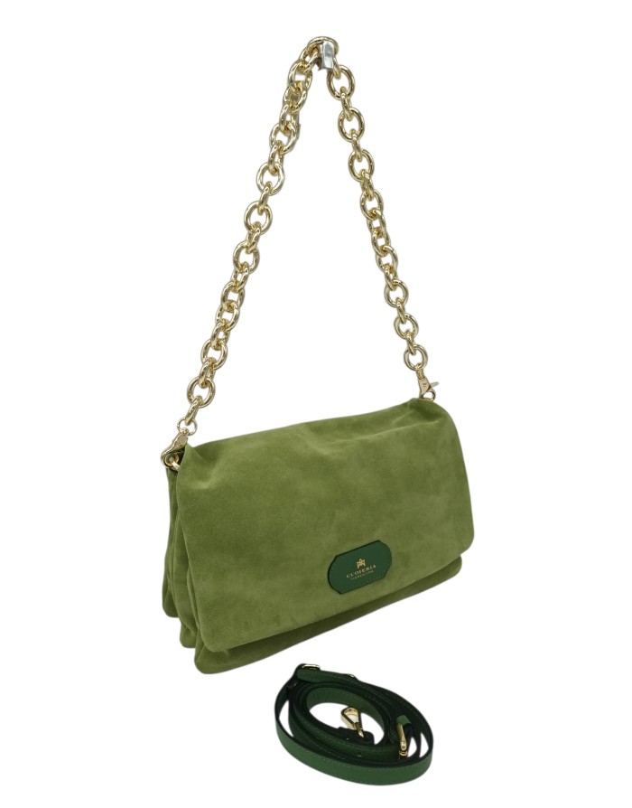 CUOIERIA FIORENTINA BORSA GRANDE IN CAMOSCIO COLORE VERDE ALOE, CHIUSURA CON PATTA, TRE SCOMPARTI, TRACOLLA A SPALLA CON CATENA