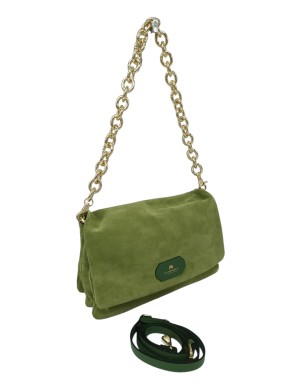 CUOIERIA FIORENTINA BORSA GRANDE IN CAMOSCIO COLORE VERDE ALOE, CHIUSURA CON PATTA, TRE SCOMPARTI, TRACOLLA A SPALLA CON CATENA