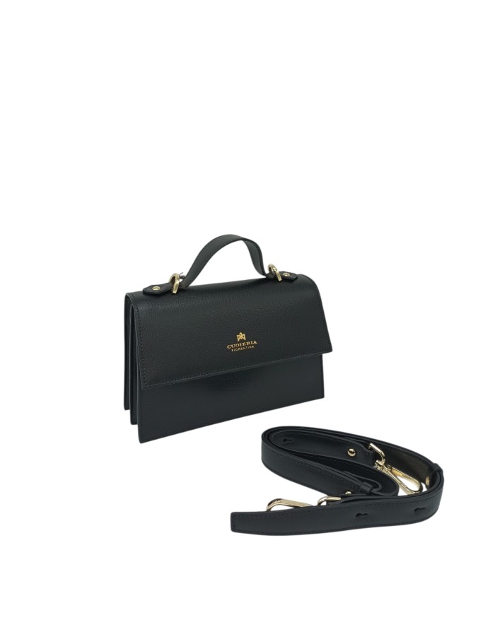 CUOIERIA FIORENTINA BORSA MEDIO/PICCOLA IN VITELLO SAFFIANO COLORE NERO, CHIUSURA CON PATTA, MANICO E TRACOLLA STACCABILE/REGOL