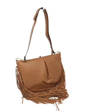 CUOIERIA FIORENTINA BORSA MEZZALUNA GRANDE IN VITELLO BOTTALATO COLORE CARAMEL CON FRANGE IN CAMOSCIO IN TINTA, LAMPO CENTRALE,